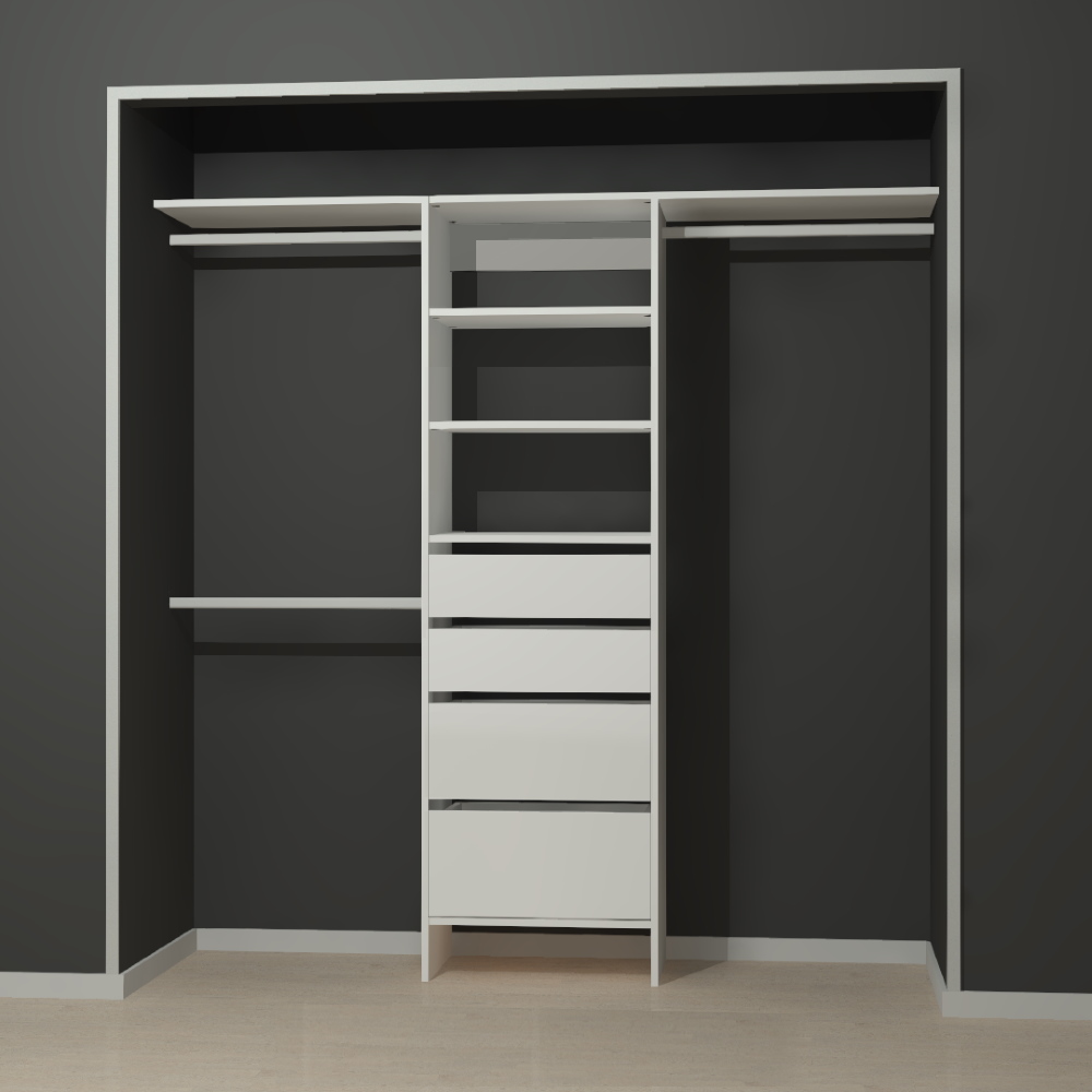 White wardrobe shelving with deep drawers