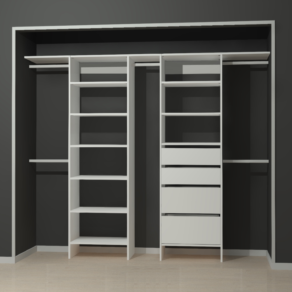 White wardrobe shelving with deep drawers