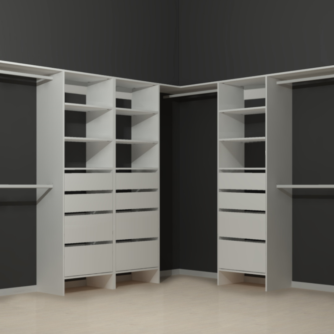 Walk in wardrobe with deep drawers in white