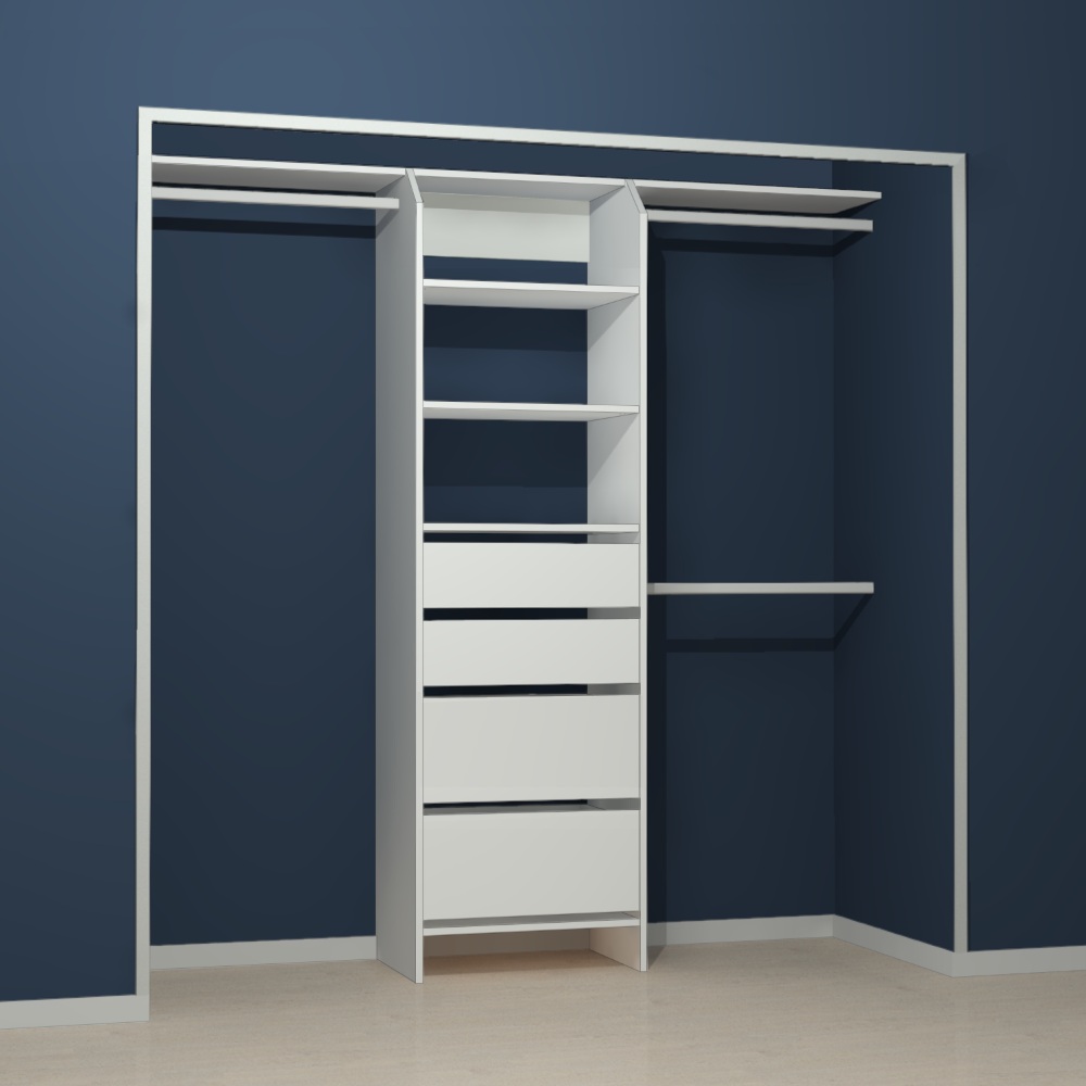 White wardrobe shelving with deep drawers