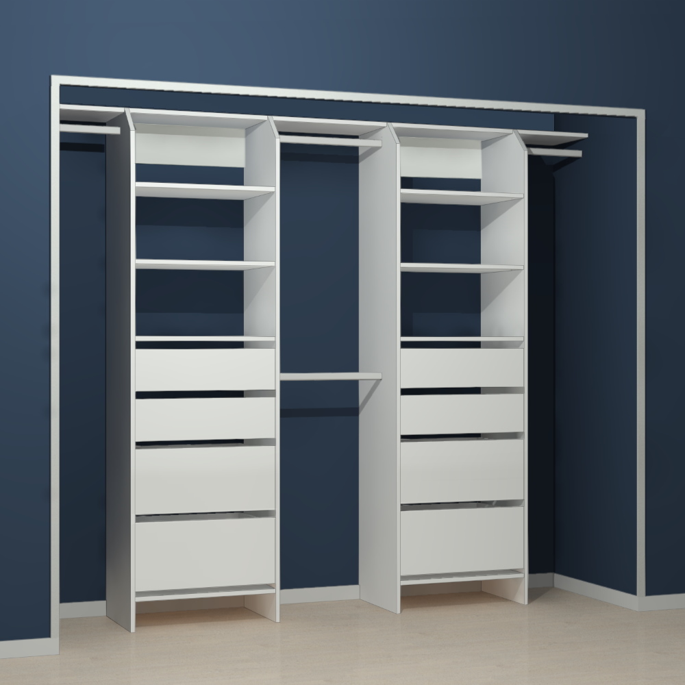 White wardrobe shelving with deep drawers