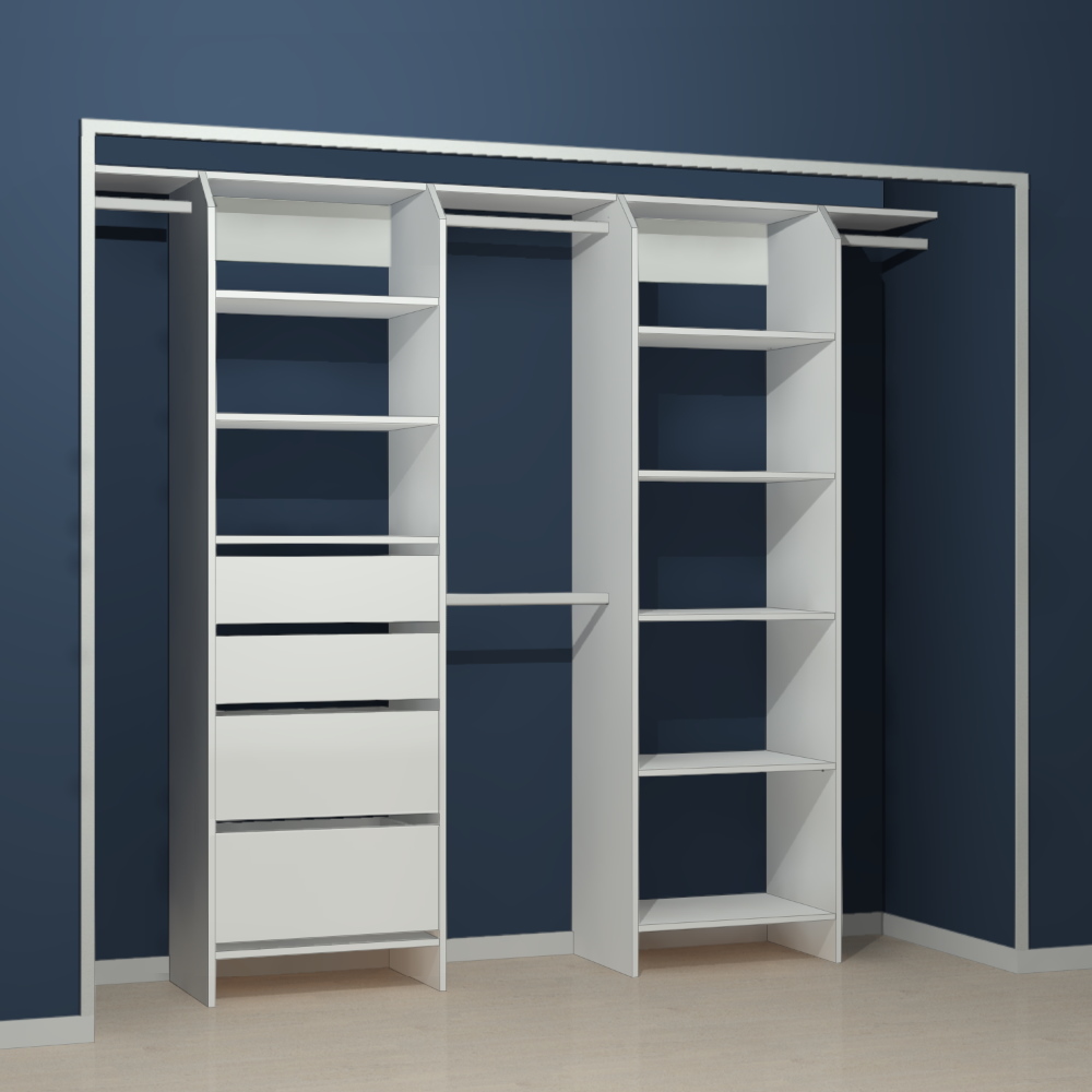 White wardrobe shelving with deep drawers